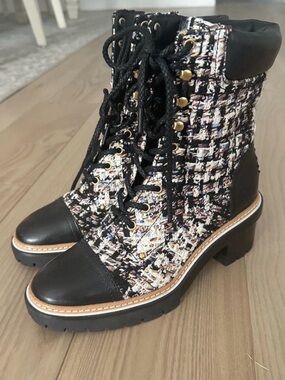 Tory Burch Black and Multicolor Tweed Lace-Up Ankle Boots
